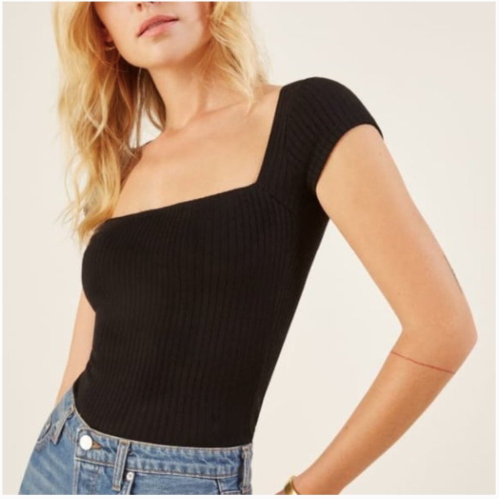 Reformation Black Ribbed Square Neck Top